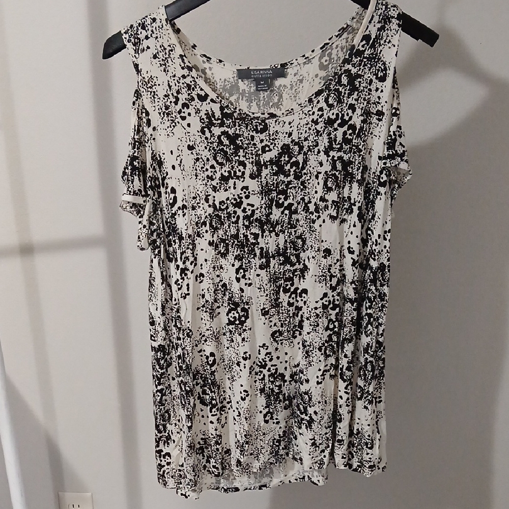 Lisa Rinna Black and White Cold Shoulder Blouse